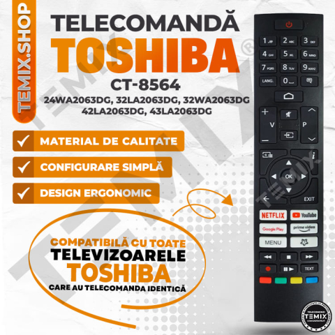 Telecomanda compatibila Toshiba, 24WA2063DG, 32LA2063DG, 32WA2063DG, 42LA2063DG, 43LA2063DG, CT-8564, TEMIX®, neagra, baterii incluse [3]