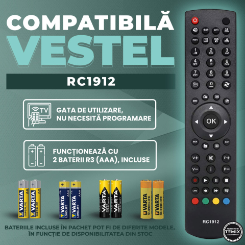 Telecomanda compatibila Vestel, RC1912, TEMIX®, neagra, baterii incluse [1]
