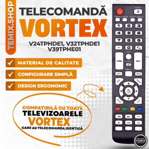 Telecomanda compatibila Vortex, V24TPHDE1, V32TPHDE1, V39TPHDE1, TEMIX®, neagra, baterii incluse [2]