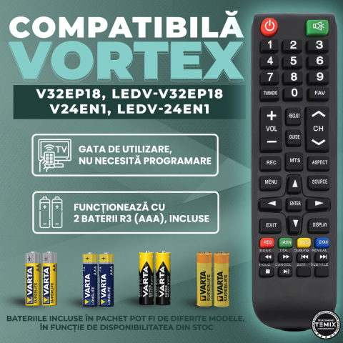 Telecomanda compatibila Vortex, V32EP18, V24EN1, LEDV-32EP18, LEDV-24EN1, TEMIX®, neagra, baterii incluse [1]