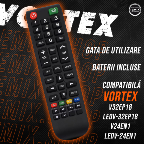 Telecomanda compatibila Vortex, V32EP18, V24EN1, LEDV-32EP18, LEDV-24EN1, TEMIX®, neagra, baterii incluse [3]