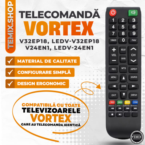 Telecomanda compatibila Vortex, V32EP18, V24EN1, LEDV-32EP18, LEDV-24EN1, TEMIX®, neagra, baterii incluse [2]