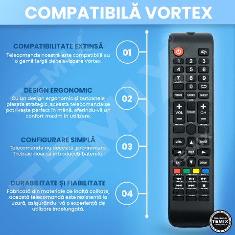 Telecomanda compatibila Vortex, V32ETA1, V40EP3, 40TD1290, LEDV40E19D, TEMIX®, neagra, baterii incluse [4]