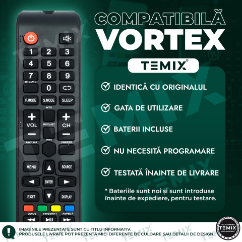 Telecomanda compatibila Vortex, V32ETA1, V40EP3, 40TD1290, LEDV40E19D, TEMIX®, neagra, baterii incluse [2]