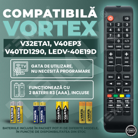 Telecomanda compatibila Vortex, V32ETA1, V40EP3, 40TD1290, LEDV40E19D, TEMIX®, neagra, baterii incluse [1]