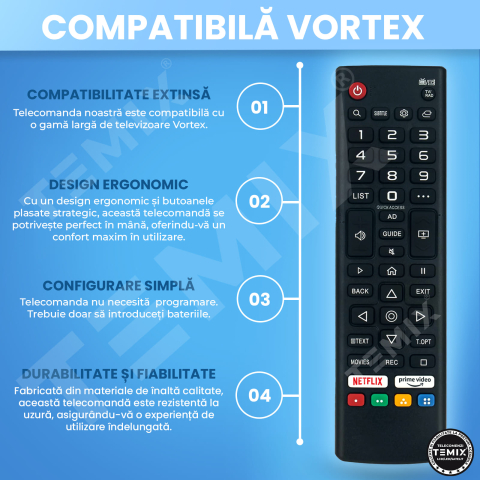 Telecomanda compatibila Vortex, V50R0213WOS, V55R0213WOS, AKB76037001, butoane dedicate Netflix, PrimeVideo, TEMIX®, baterii incluse [4]