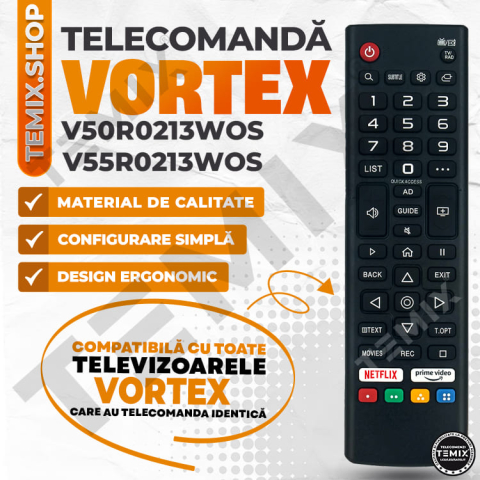 Telecomanda compatibila Vortex, V50R0213WOS, V55R0213WOS, AKB76037001, butoane dedicate Netflix, PrimeVideo, TEMIX®, baterii incluse [3]