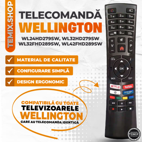 Telecomanda compatibila Wellington, WL24HD279, WL32HD279S, butoane dedicate Netflix, Youtube, Prime Video, TEMIX®, baterii incluse [2]