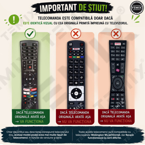 Telecomanda compatibila Wellington, WL24HD279, WL32HD279S, butoane dedicate Netflix, Youtube, Prime Video, TEMIX®, baterii incluse [1]