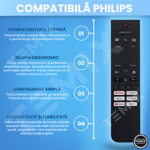 Telecomanda compatibila Philips, 398GR10BEPHNE000SY, fara Bluetooth, cu butoane dedicate Youtube, Netflix, Prime Video, Disney+, TEMIX®, baterii incluse [2]