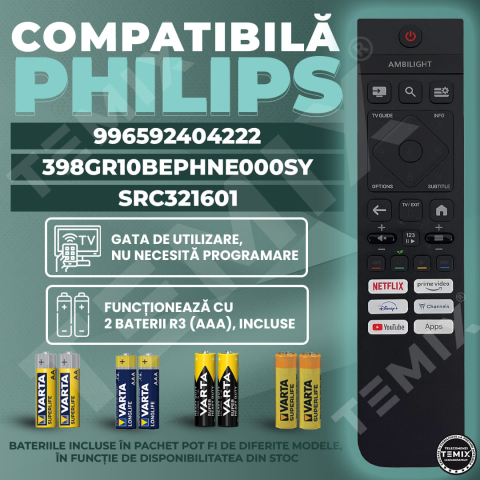 Telecomanda compatibila Philips, 398GR10BEPHNE000SY, fara Bluetooth, cu butoane dedicate Youtube, Netflix, Prime Video, Disney+, TEMIX®, baterii incluse [1]