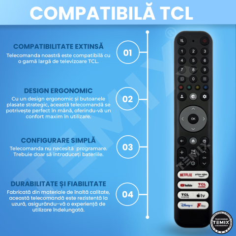 Telecomanda universala LCD/LED TCL, CRC833V, RC933, RC813, RC802, RC901, RC902, butoane dedicate Youtube, Netflix, PrimeVideo, TEMIX®, baterii incluse [3]