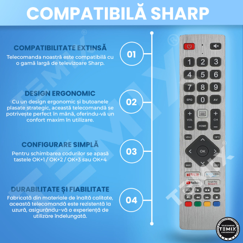 Telecomanda universala Sharp, compatibila cu 99% din modelele de TV LCD/LED Sharp, TEMIX®, baterii incluse [2]