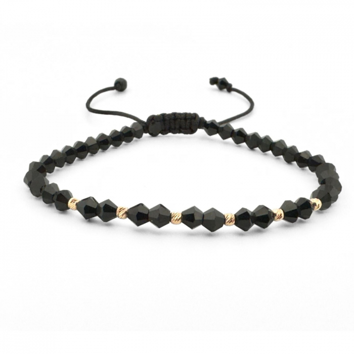 Brățară cu 6 Biluțe de Aur 14K, Cristale Negre Biconice 4mm, Șnur Reglabil [1]