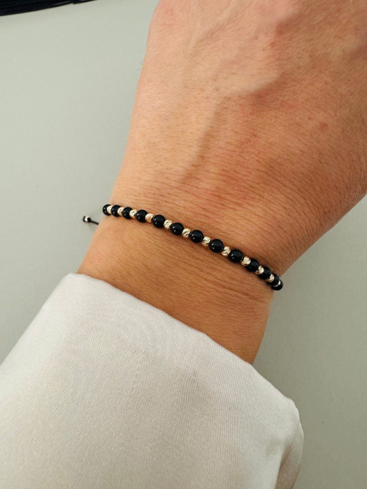 Brățară cu 14 Biluțe de Aur 14K și Onix Lucios 3 mm – Rafinament, Putere și Valoare [2]