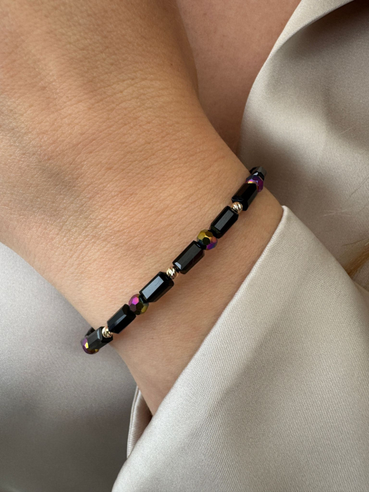 Brățară cu 7 Biluțe de Aur 14K, Cristale de Sticlă Negre și Multicolor – Eleganță și Energie la Fiecare Purtare [2]