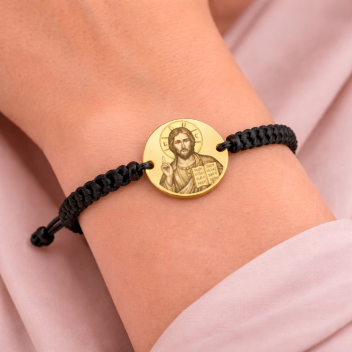 Brățară cu bănuț din inox auriu gravat cu icoana Mântuitorului – Brățară personalizată cu șnur împletit [3]