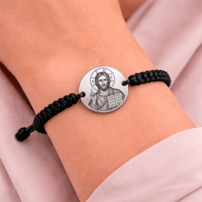 Brățară cu bănuț din inox gravat cu icoana Mântuitorului – Brățară personalizată cu șnur împletit [3]