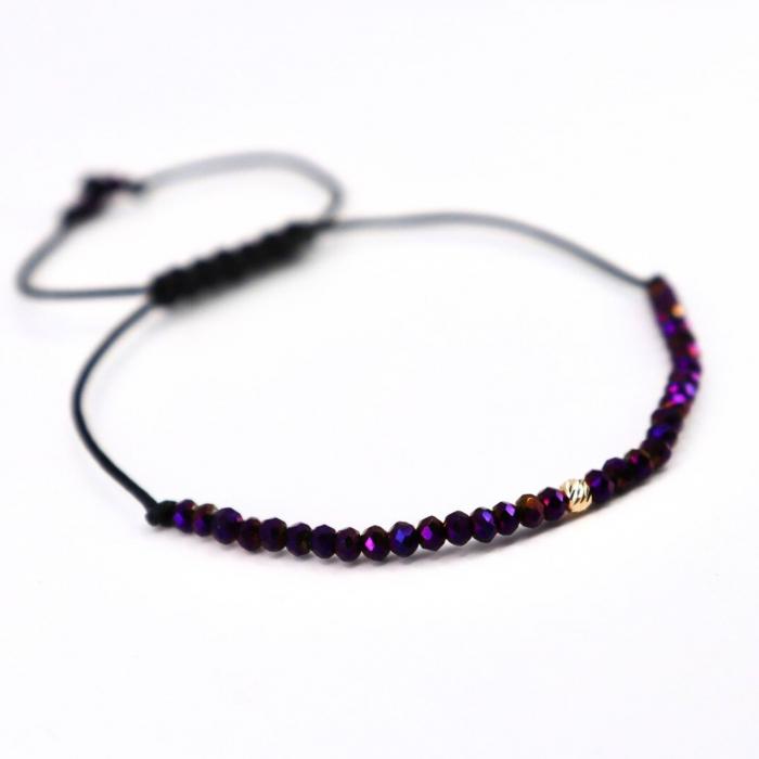 Brățară cu Bilă de Aur 14K 2.5 mm, Cristale Sticlă Violet Metalizat, Șnur Reglabil [2]