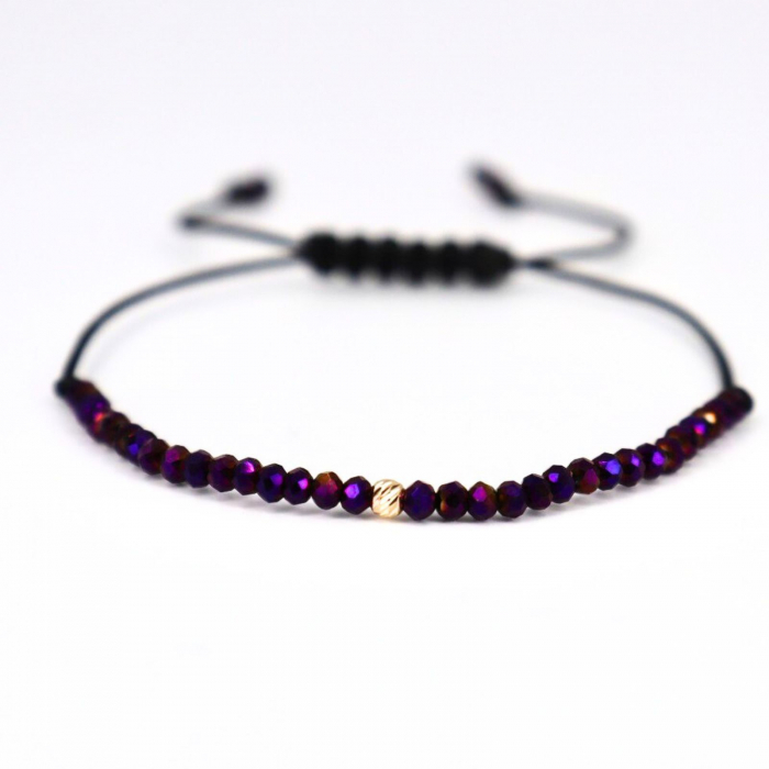 Brățară cu Bilă de Aur 14K 2.5 mm, Cristale Sticlă Violet Metalizat, Șnur Reglabil [1]