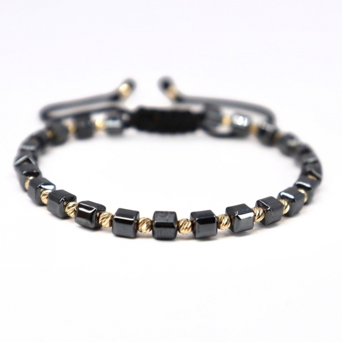 Brățară cu Bile de Aur 14K și Hematit Cuburi 4mm, Șnur Reglabil [1]
