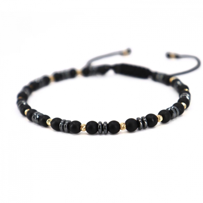Brățară cu Bile de Aur 14K, Șnur Reglabil,  Onix Negru și Hematit Gri 4 mm [2]