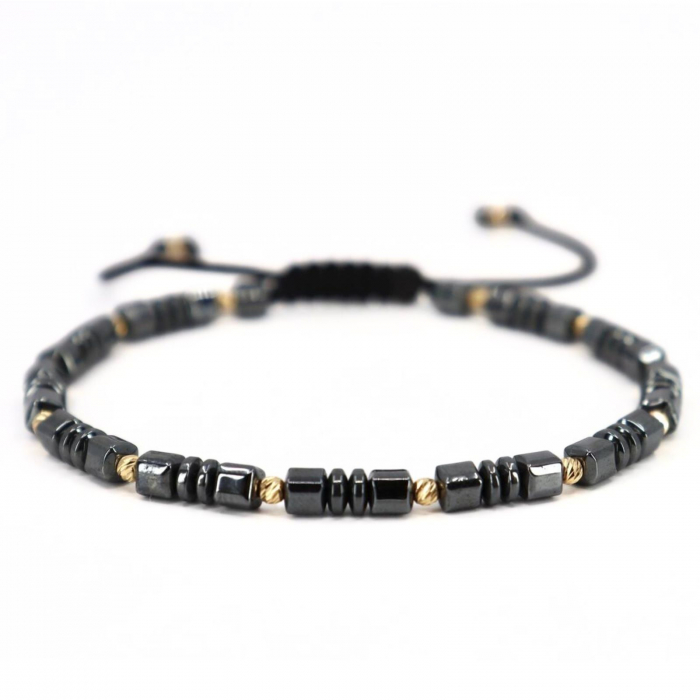Brățară cu Bile de Aur 14K, Șnur Reglabil, Hematit Cuburi și Discuri 4mm [1]