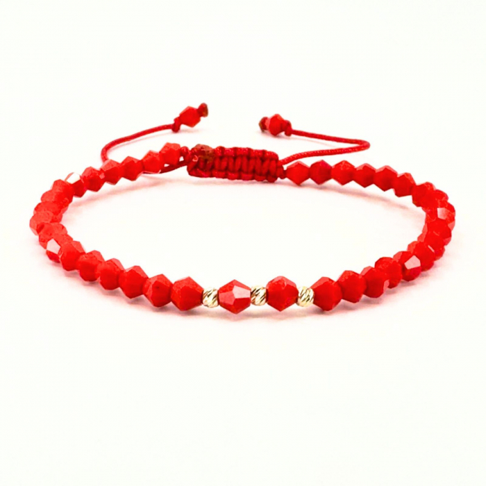 Brățară cu Biluțe de Aur 14K 2.5 mm, Șnur Reglabil și Cristale Roșii [1]