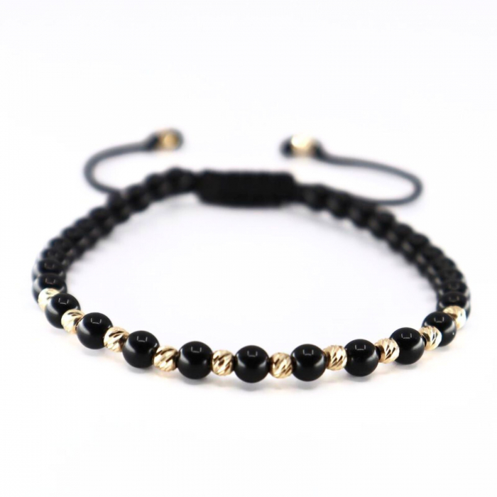 Brățară cu Biluțe de Aur 14K, Onix Negru Lucios 4mm și Șnur Reglabil [1]