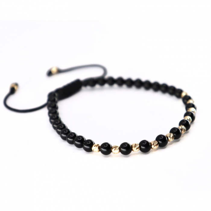 Brățară cu Biluțe de Aur 14K, Onix Negru Lucios 4mm și Șnur Reglabil [3]