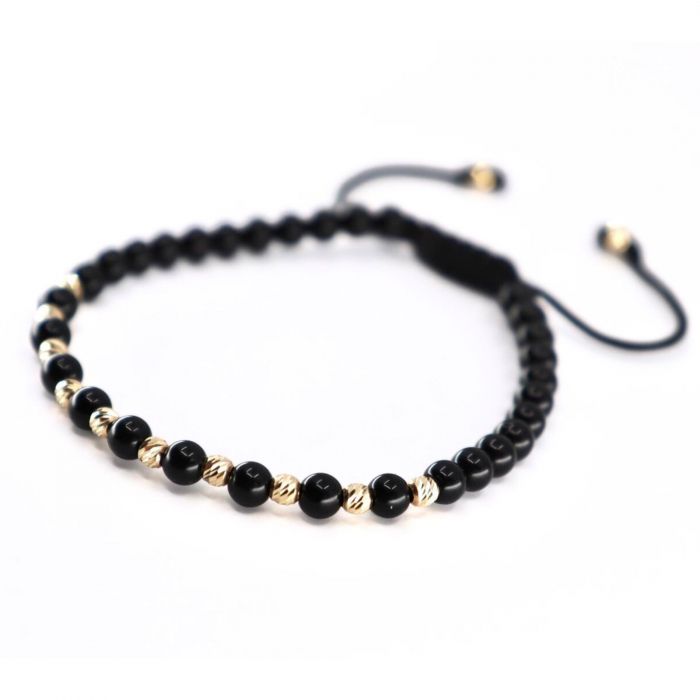 Brățară cu Biluțe de Aur 14K, Onix Negru Lucios 4mm și Șnur Reglabil [2]