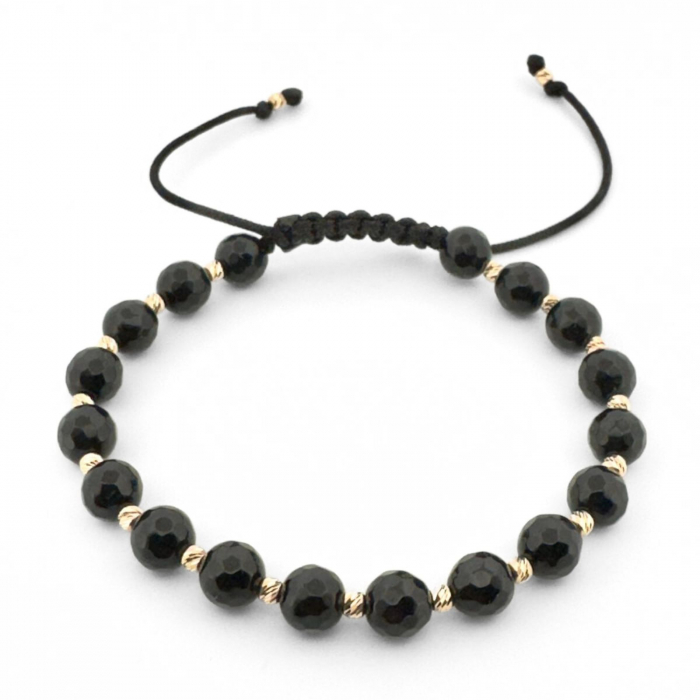 Brățară cu Biluțe de Aur 14K, Pietre Onix Fațetat 6mm, Șnur Reglabil [2]