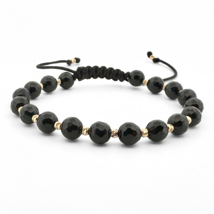 Brățară cu Biluțe de Aur 14K, Pietre Onix Fațetat 6mm, Șnur Reglabil [1]