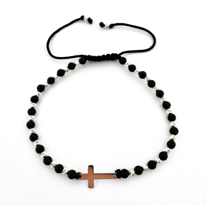 Brățară cu Biluțe din Argint 925, Onix Negru Lucios 3 mm și Cruciuliță din Argint – Forță Interioară și Protecție [2]