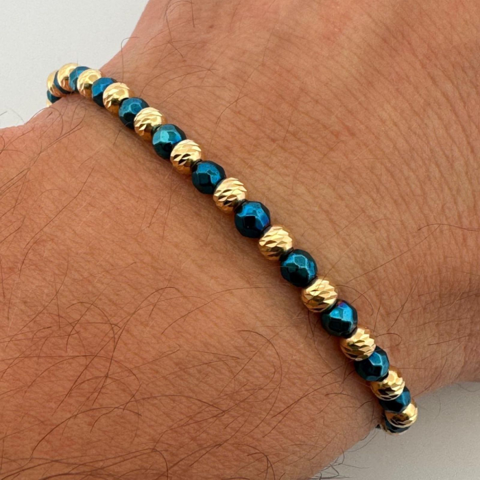 Brățară cu Hematit Albastru Fațetat 4 mm și Biluțe din Argint 925 Placate cu Aur 18K – Accesoriu Elegant cu Reflexii Moderne [3]