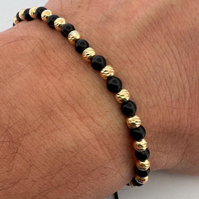 Brățară cu Onix Lucios 4 mm și Biluțe din Argint 925 Placate cu Aur 18K 4 mm – Brățară Elegantă Reglabilă [3]