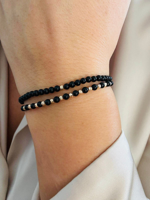 Brățară cu Onix Negru Lucios de 3 mm și Biluțe de Aur 14K – Putere, Protecție și Apreciere [3]