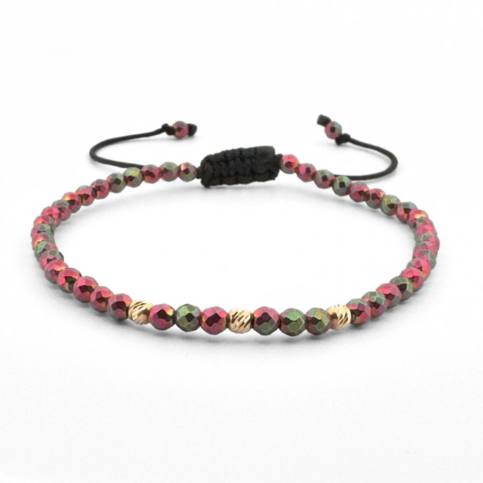 Brățară Damă cu 3 Bile de Aur 14K 3mm, Hematit Fucsia Multicolor Fațetat, Șnur Reglabil [1]