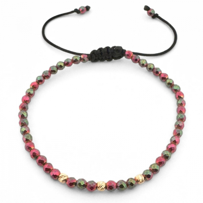 Brățară Damă cu 3 Bile de Aur 14K 3mm, Hematit Fucsia Multicolor Fațetat, Șnur Reglabil [2]