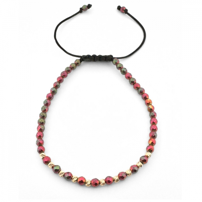 Brățara Damă cu Bile de Aur 14K, Pietre Hematit Multicolor 3 mm și Șnur Reglabil [2]