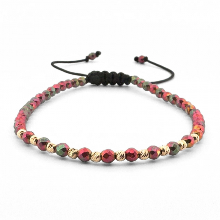 Brățara Damă cu Bile de Aur 14K, Pietre Hematit Multicolor 3 mm și Șnur Reglabil [1]