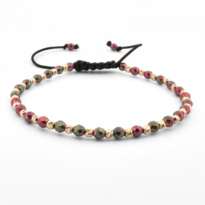 Brățara Damă cu Șnur și Bile de Aur 14K, Pietre Hematit Multicolor 3 mm [1]