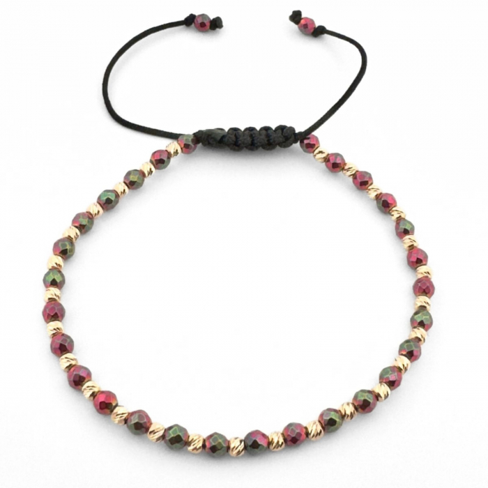 Brățara Damă cu Șnur și Bile de Aur 14K, Pietre Hematit Multicolor 3 mm [2]