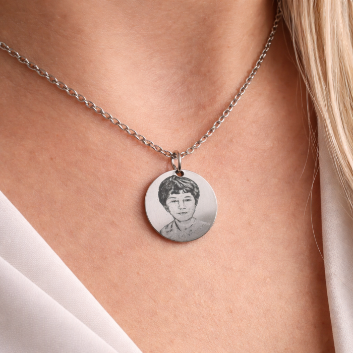 Lănțișor Damă cu Bănuț Personalizat Foto și Text – Inox Argintiu, Gravură Laser [2]