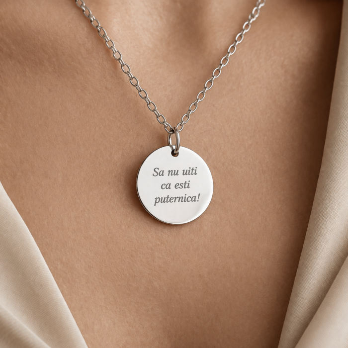Lănțișor Damă cu Bănuț Personalizat Text – Inox Argintiu, Gravură Laser [2]