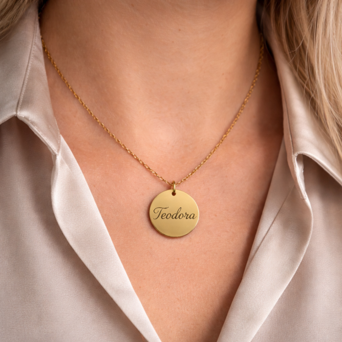 Lănțișor Damă cu Bănuț Personalizat Text sau Simbol – Inox Auriu, Gravură Laser [2]