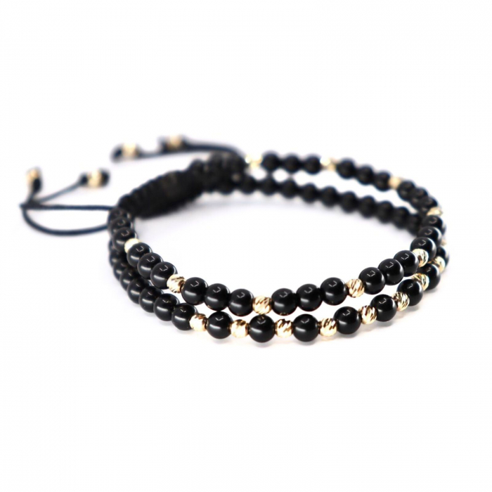 Set Brățări cu Biluțe de Aur 14K, Onix Negru Lucios 4mm și Șnur Reglabil [1]