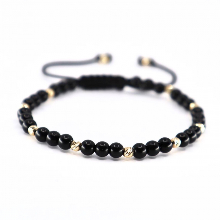 Set Brățări cu Biluțe de Aur 14K, Onix Negru Lucios 4mm și Șnur Reglabil [4]