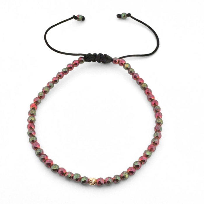 Set Brățări Damă cu Bile de Aur 14K 3mm, Hematit Fucsia Multicolor Fațetat, Șnur Reglabil [5]