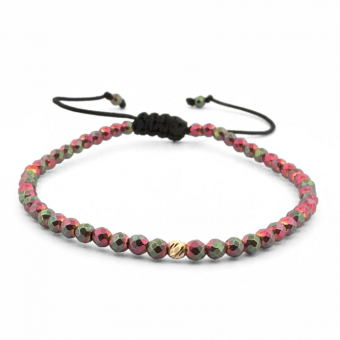 Set Brățări Damă cu Bile de Aur 14K 3mm, Hematit Fucsia Multicolor Fațetat, Șnur Reglabil [3]